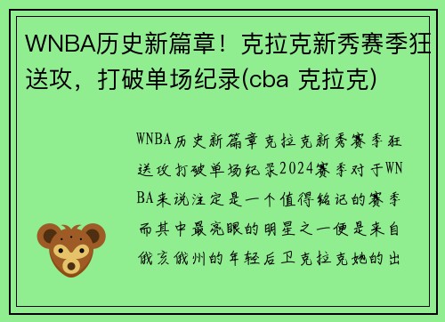 WNBA历史新篇章！克拉克新秀赛季狂送攻，打破单场纪录(cba 克拉克)