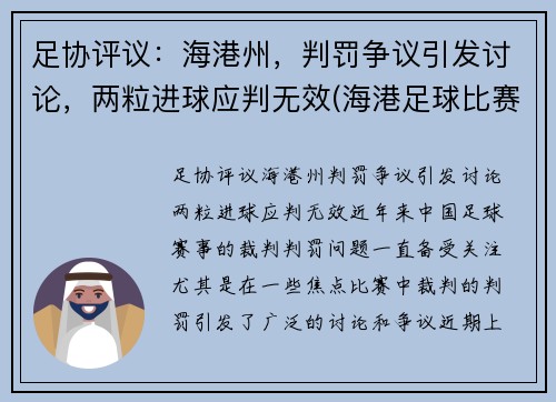 足协评议：海港州，判罚争议引发讨论，两粒进球应判无效(海港足球比赛直播)